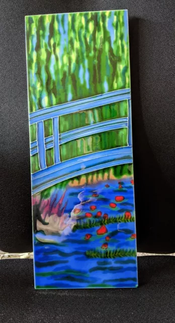 Monet Style Handpainted Tube Lined Landscape Tile Japanese Bridge waterlilies
