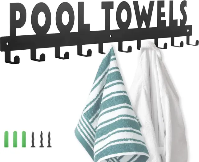 Large Pool Towel Rack with 10 Hooks, Towel Holder Wall Mounted for Outdoor or Ba