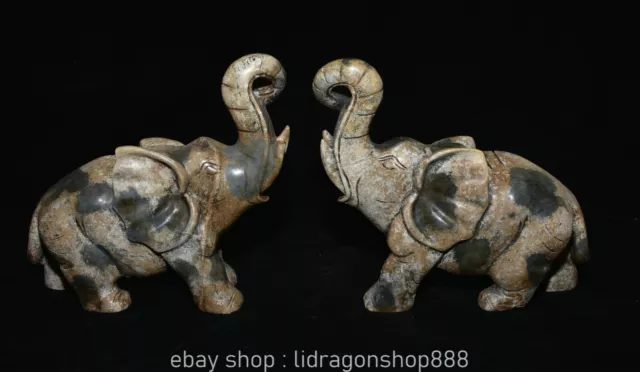 8.4" chinois Xiu Jade sculpté Fengshui animal éléphant chanceux paire de statues