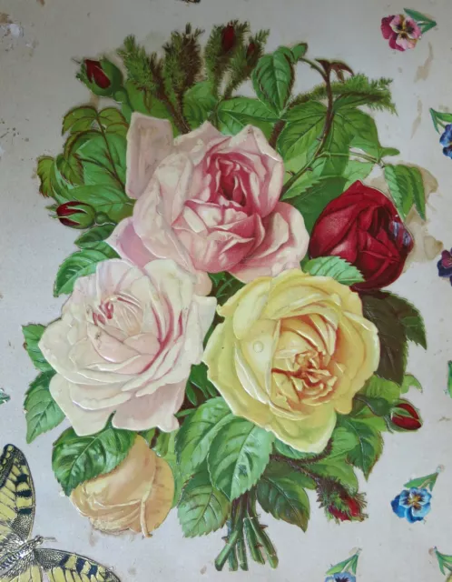 CHROMO ANCIEN, roses et papillons, beau & grand chromo, planche découpi, DECOUPI