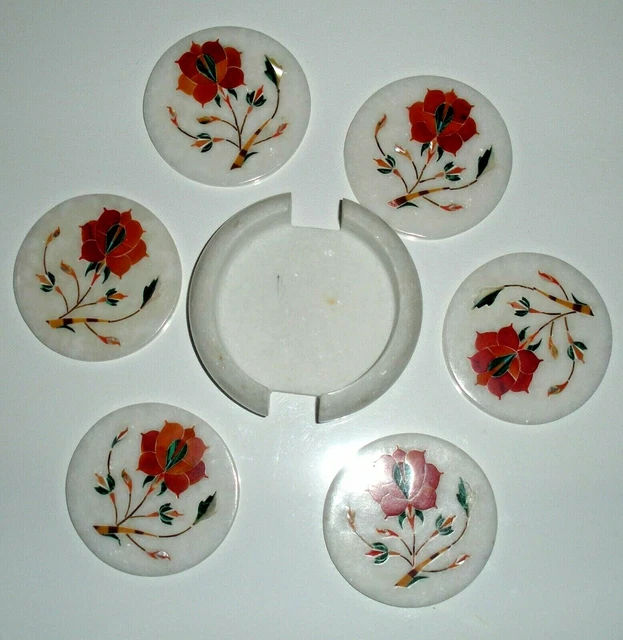 Marbre Blanc Dessous De Verre Set Demi-Précieuses Pierres Incrustation