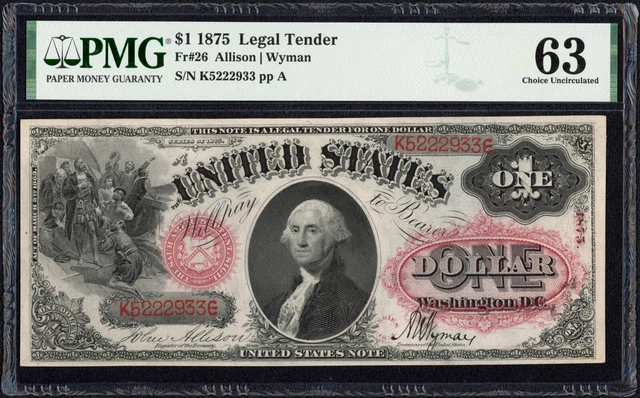 1875 $1 One Dollar Sawhorse United States Note Fr#26 PMG Choice UNC 63