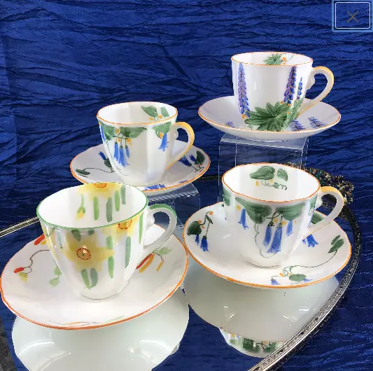 Crown China Set Of 4 Antique Art Deco Bone Floral Tea Cups England Demitasse B31