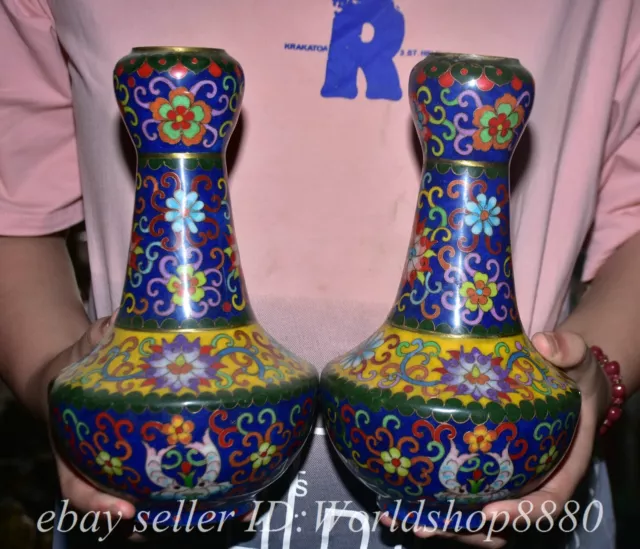 9.4" Qianlong Marked Chinese Bronze Cloisonne 2 Fish Flower Bottle Vase Pair