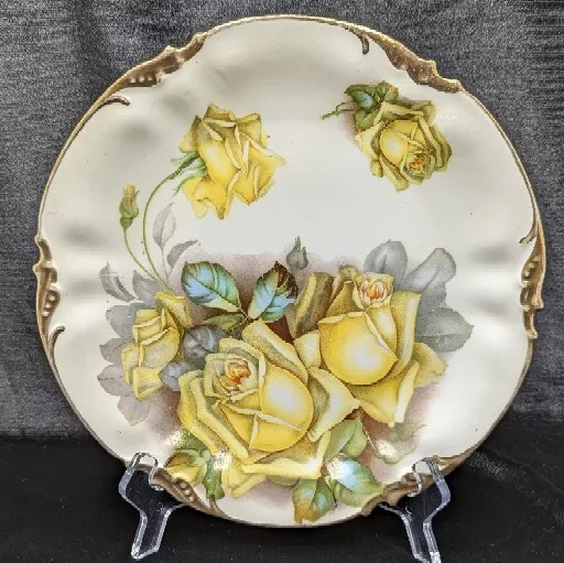 Prov Sxe ES Germany Porcelain Plate Yellow Roses Gold Trim 9.5 in AS IS