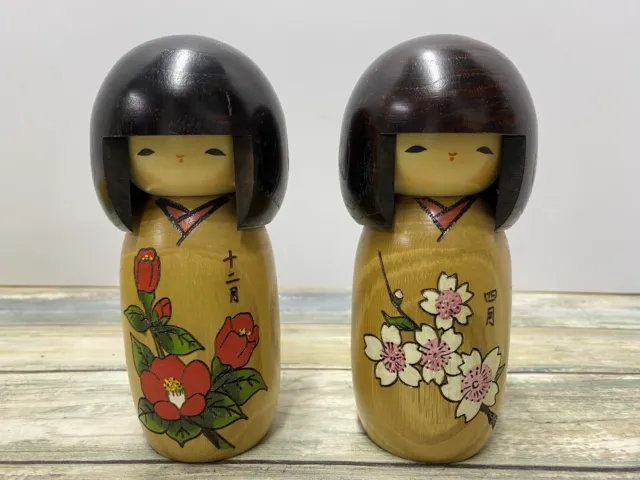Japanese Folk Art Sosaku Kokeshi Doll Hand Carved Wood Wooden Japan (Lot Of 2)