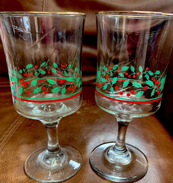 2 Vintage 1985 Arbys Christmas Holly Berry Glasses Wine Goblets Gold Rim Libbey