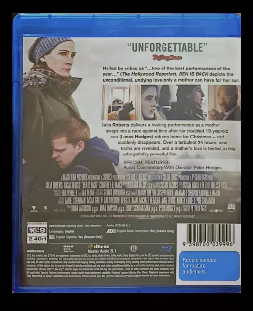 FREE POST 🇦🇺 Ben Is Back Region B Blu-ray Julia Roberts Lucas Hedges Riveting 2