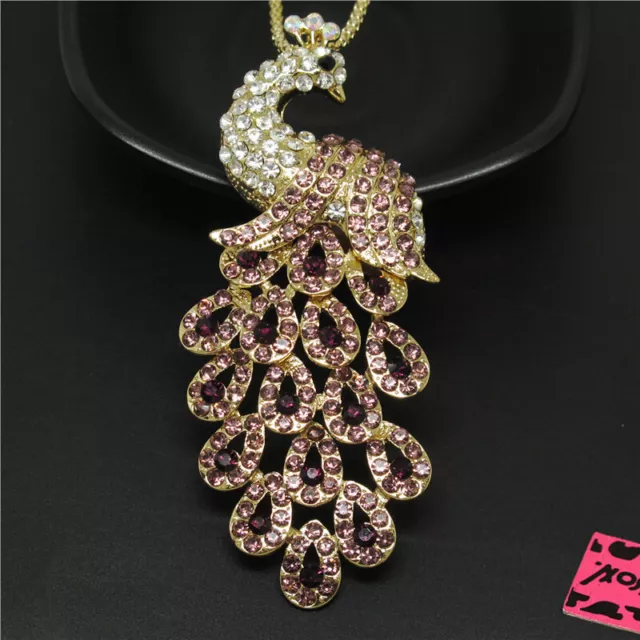 Betsey Johnson Rhinestone Purple Bling Peacock Crystal Pendant Chain Necklace