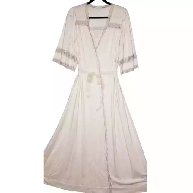 Vintage 60s 70s Vanity Fair Cream Nylon Lace Long Full Sweep Robe Wrapper Large