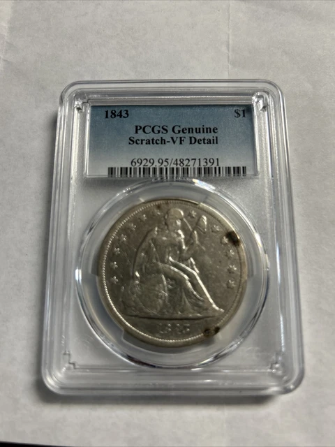 1843 Seated Liberty Silver Dollar $1 - Certified PCGS XF Detail (EF) - Rare Coin