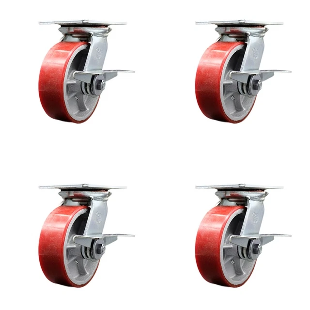 6 Inch Heavy Duty Red Poly on Cast Iron Caster Set with Ball Bearing and Brake