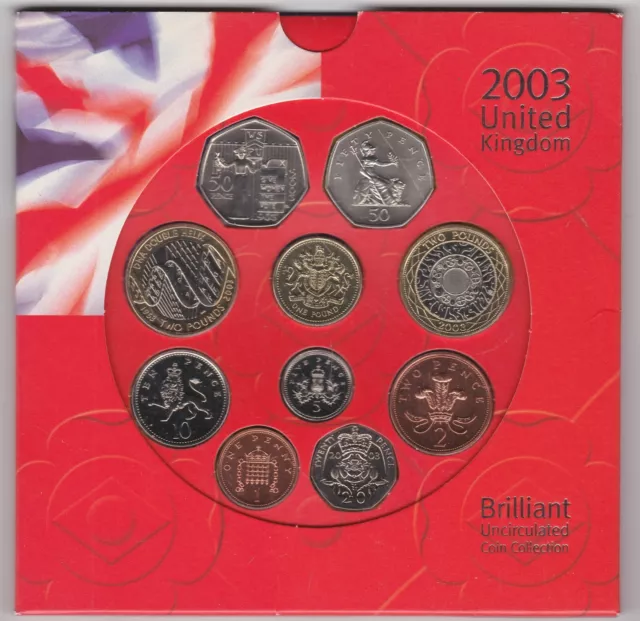 2003 Royal Mint Brilliant Uncirculated Set Of 10 Coins In A Card Flatpack.