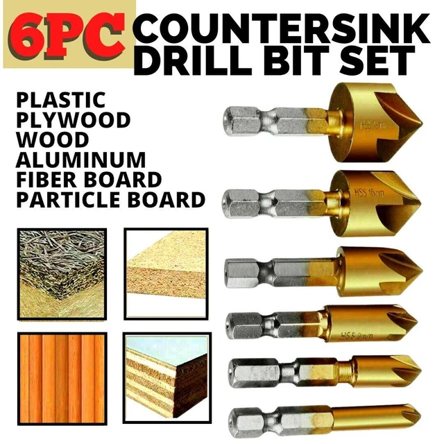 Countersink Drill Bit Set for Wood Quick Connect 1/4'' Hex Shank Screw Holes 6pc