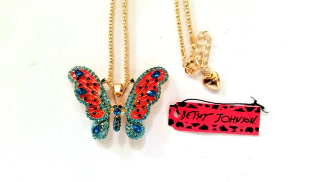 Betsey Johnson Blue Rhinestone Enamel Butterfly Gold Plated Pendant Necklace