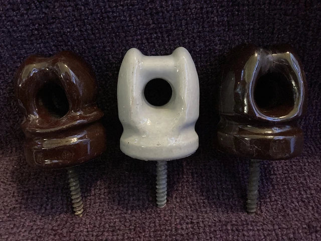 3 Vintage Brown White Screw-In Lag Spike Porcelain Ceramic Eletrical Insulators
