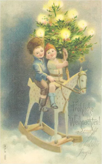 Fröhliche Weihnachten, Kider auf Schaukelpferd mit Christbaum, Festpostkarte