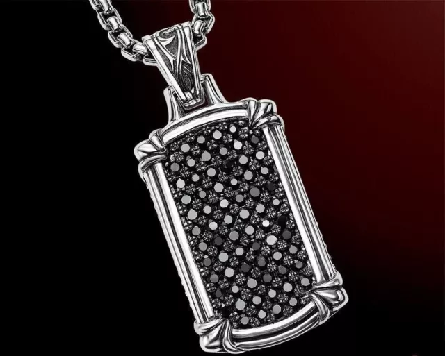 2Ct Round Cut Simulated Black Spinel Dog Tag Men's Pendant 14k White Gold Plated