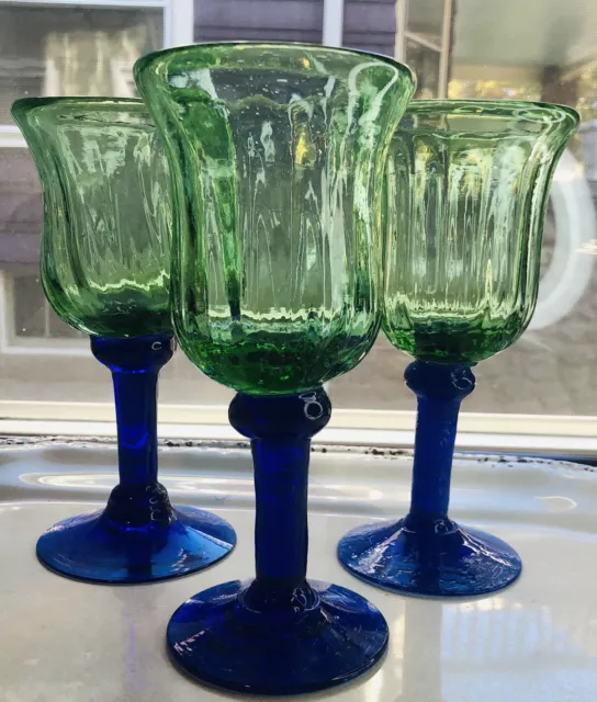3 Art Studio Green Blue Water Goblet Optic Made In -Mexican Thick Bubble Glass