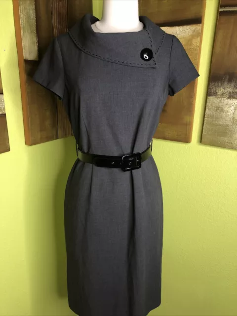 Tahari Arthur Levine Womens Dress Sz 4 Solid Gray Sheath Belted Short Sleeve