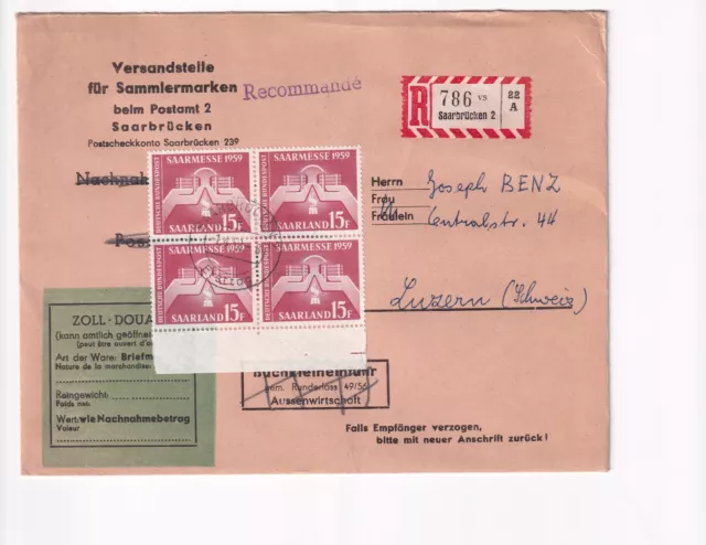 AB737) Saarland Nr. 446  447 VB Viererblock auf Brief nach Luzern Schweiz