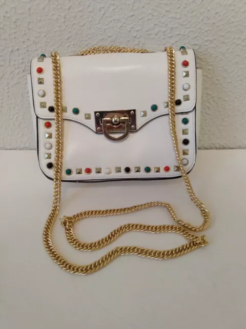 Gail LaBelle Red Blue Beaded White Faux Leather Gold Tone Chain Shoulder Bag