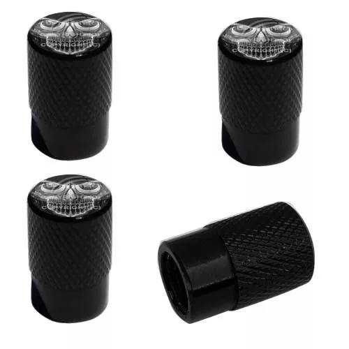 4 Black Billet Knurled Tire Wheel Valve Caps Car Truck HAND DRAWN SKULL BLK BK