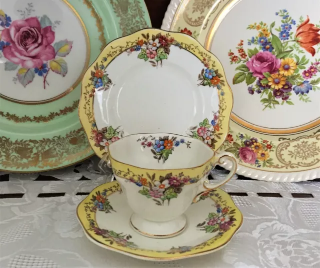 Vintage Foley China Eb & Co English Bone China Yellow & Floral Trio C1930+