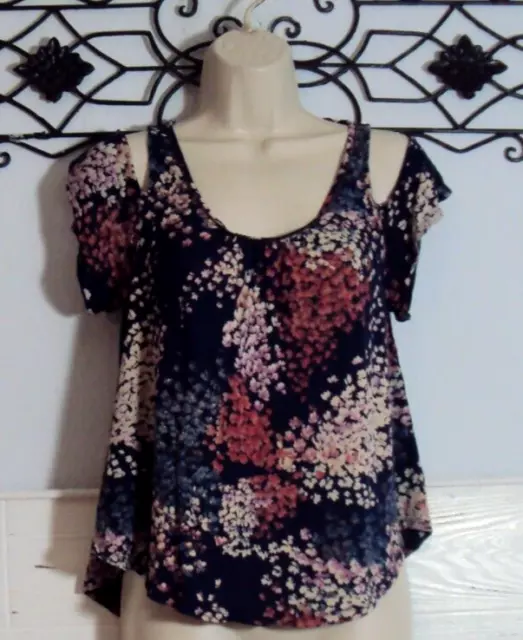 Lucky Brand Women's Top Size S Short Sleeve Multicolored  Floral Round Neck