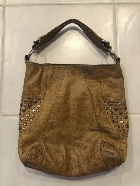 STEVEN by Steve Madden Premium Brown Leather Studded Hobo Shoulder Handbag Purse