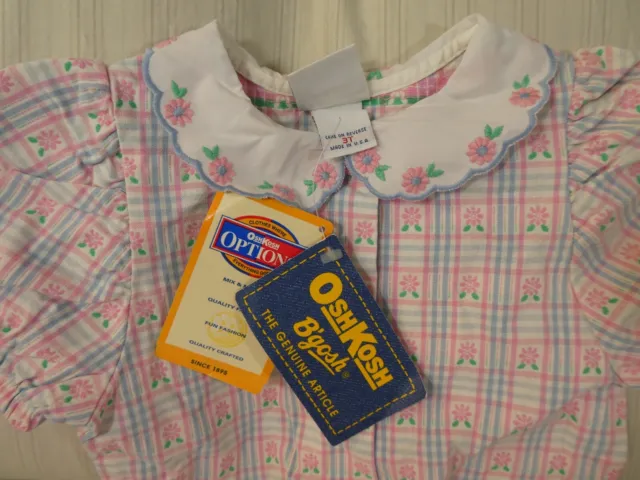 RARE VTG OshKosh B'gosh Pink Blue Plaid DRESS Sz 3T Pink Daisy Flowers NWT E1