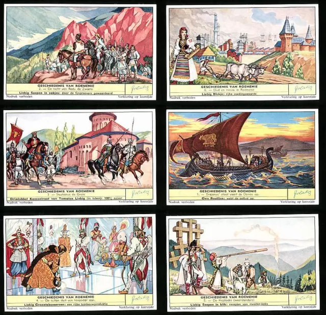 6 Sammelbilder Liebig, Serie Nr.: 1745, Geschiedenis van Roemenie, Jajdoeks, Su