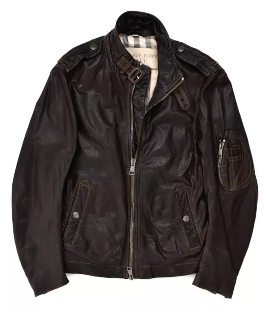 BURBERRY BRIT Men's Lambskin Leather Brown Bomber Coat Jacket Nova Check S (XS)