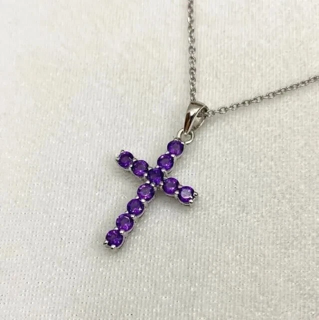 1.40Ct Round Cut Simulated Amethyst Cross Pendant 14k White Gold Plated Silver