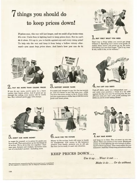 1943 War Advertising Council WWII how to keep prices down art Vintage Ad