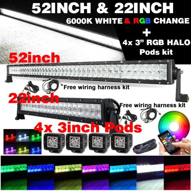 52 Inch + 22 INCH 5D RGBW LED Light Bar Color Change + 4x 3" RGB Halo Pods Kits