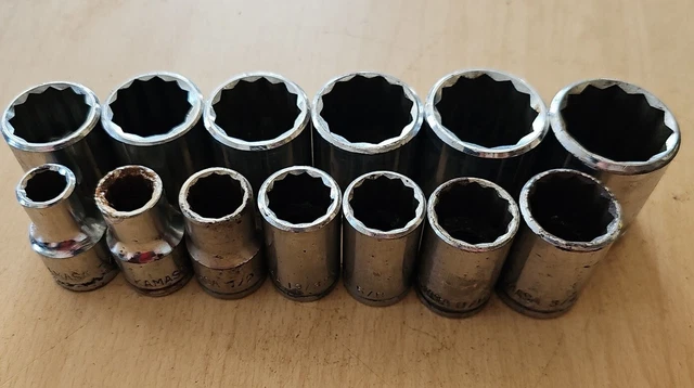 Vintage Kamasa Imperial Socket Set 3/8 To 1 1/16 13 Piece 1/2" Drive 12 Point
