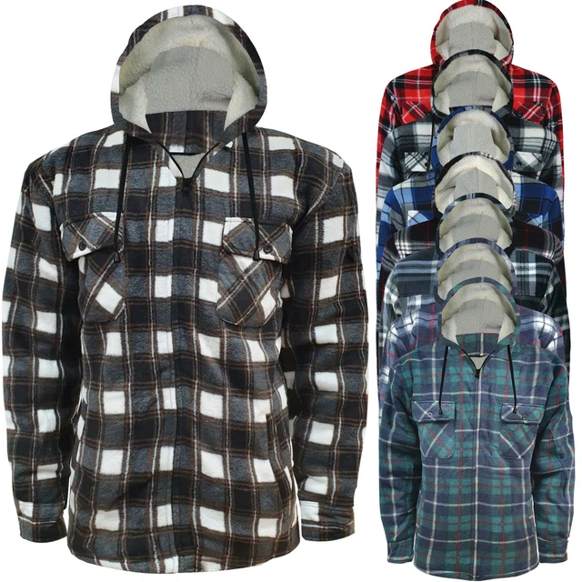 Mens Lumberjack Sherpa Fur Fleece Lined Hoodie Padded Hooded Work Shirt Jacket