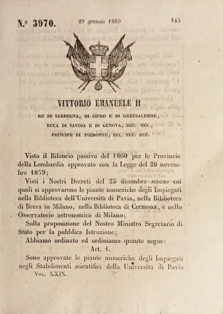 Decreto Regno Sardegna - Approvazione pianta impiegati Università di Pavia 1860