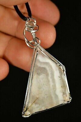 AGATE *Silver* Pendant 6cm 12g +Cord Wire Wrapped Sterling Handmade