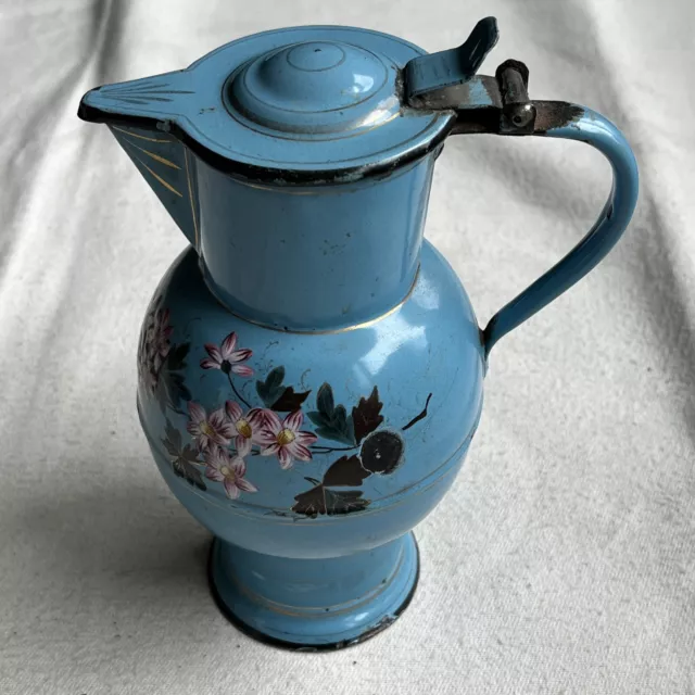 Antique French Floral Gilded Blue Enamelware Coffee Pot Jug/Flagon