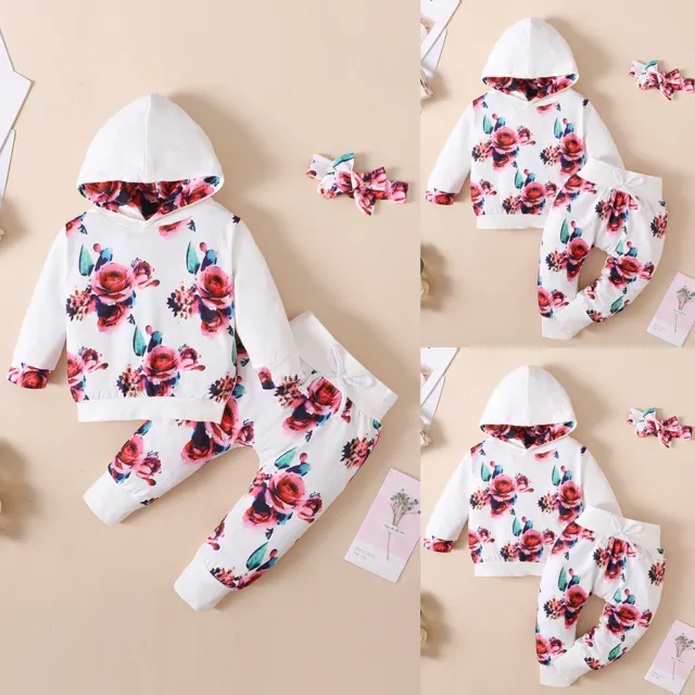 Newborn Baby Girl Floral Hooded Tops Pants Toddler Tracksuit Outfits Clothes Set