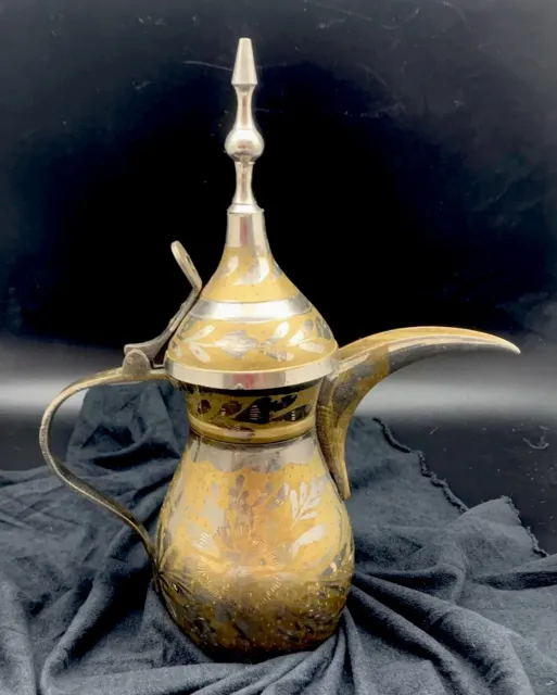 Vintage Etched Dallah Coffee Tea Pot Pitcher Brass Arabic Islamic Middle Eastern