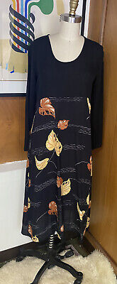 HARARI Silk Leaf Sleeveless A line Maxi Midi Long Black Dress Sz S black