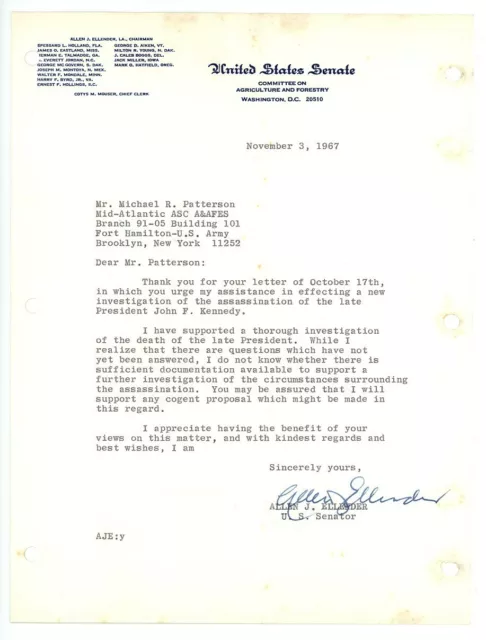 U.S. SENATOR ALLEN ELLENDER signed 1967 TLS letter WARREN COMMISSION JFK