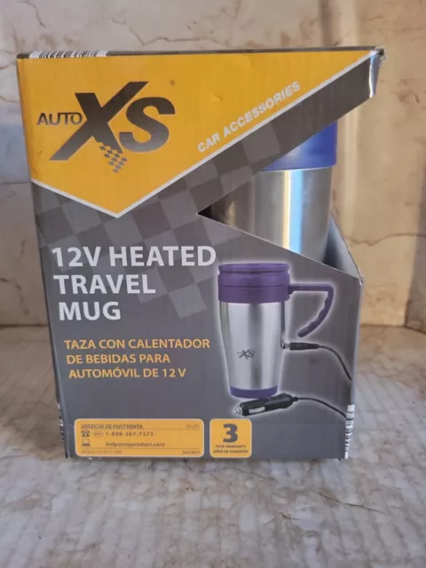 Auto XS 12V Electric Heated Travel Mug Stainless Steel / Blue Coffee Cup Warmer