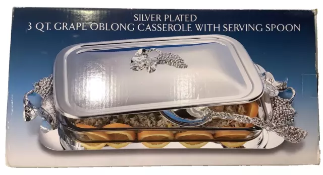 Godinger Silver Plated 3Qt Grape Oblong Casserole w/Serving Spoon & Lid- NIB-VTG