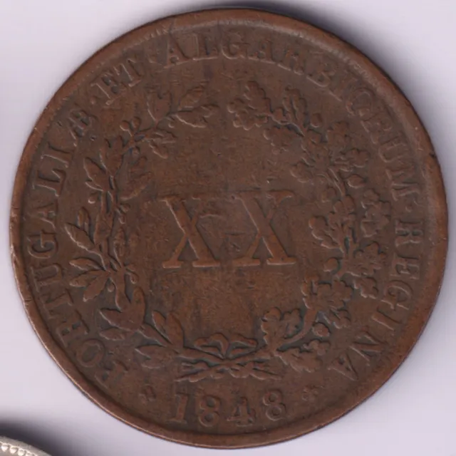 Portugal 1848 Twenty Reis Rare Copper Coin