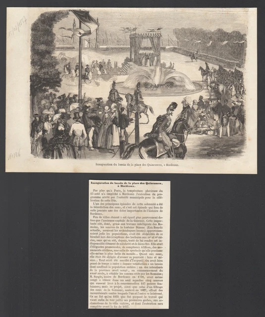 Bordeaux Inauguration du bassin de la place des Quinconces Gravure 1857