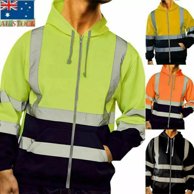 Mens Hi Viz Vis High Visibility Reflective Safety Work Wear Hoodie Zip Up Jacket